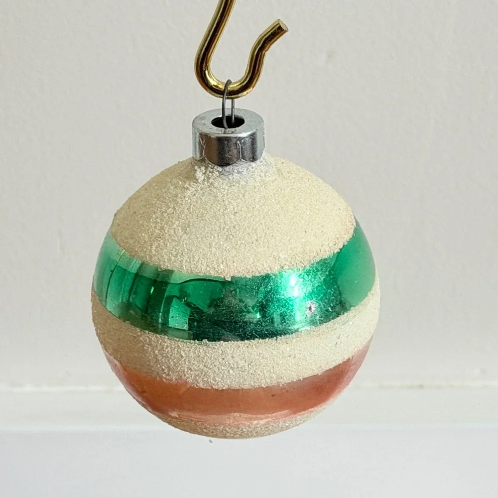 George Franke Pair Christmas Ornaments Pink Green Striped Mica USA MCM 1950's